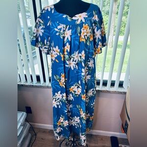 Two Palms Floral Blue Maxi Dress Tropical Hawaiian Mumu Size 2XL NEW